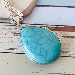Teal & Slivertone Teardrop Pendant Necklace